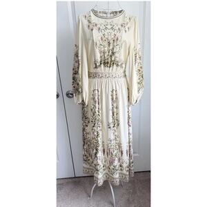 Max Studio Womens Dress S Linen Blend Puff Sleeve Floral Forest Fairy Gypsy NWT